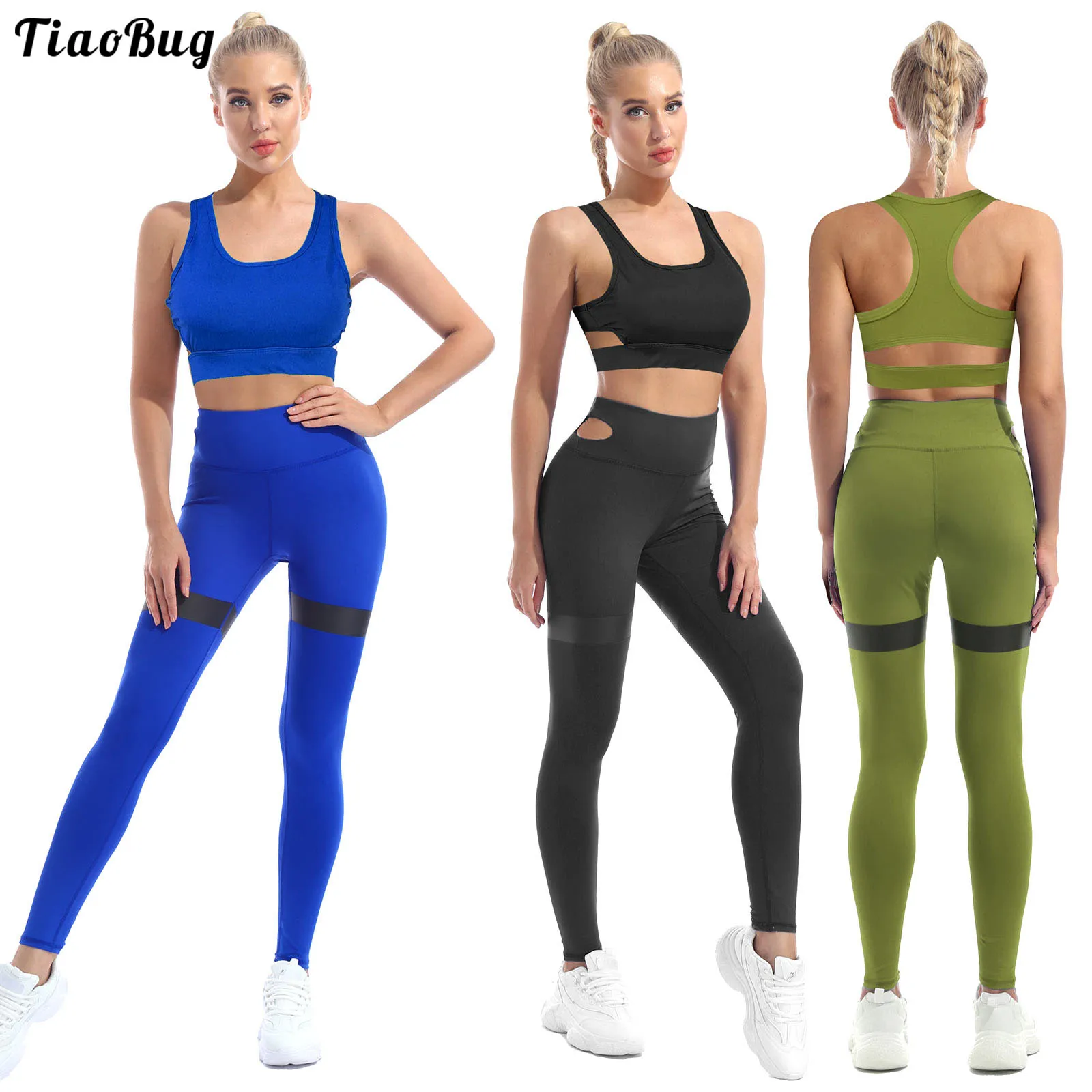 

TiaoBug Summer Women Yoga Sport Suit U Neck Sleeveless Shoulder Straps Racer Back Removable Pads Sport Bra Top Pants Sets