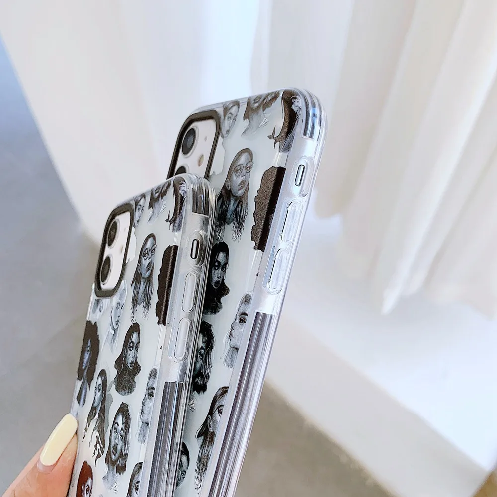 

INS Art Sketch Woman Retro Black White Phone Case For iPhone 11 12 Pro MAX X XS XR 7 8 Plus SE 2020 Simple Soft Silicone Cover