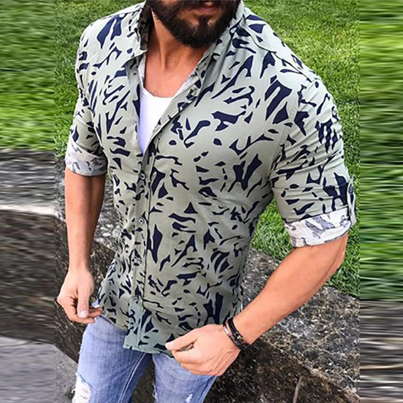 

Casual Loose Printed Long Sleeve Men Shirts 2021 Autumn New Fashion Turn-down Collar Buttoned Shirt Tops Male Beach Streetwears