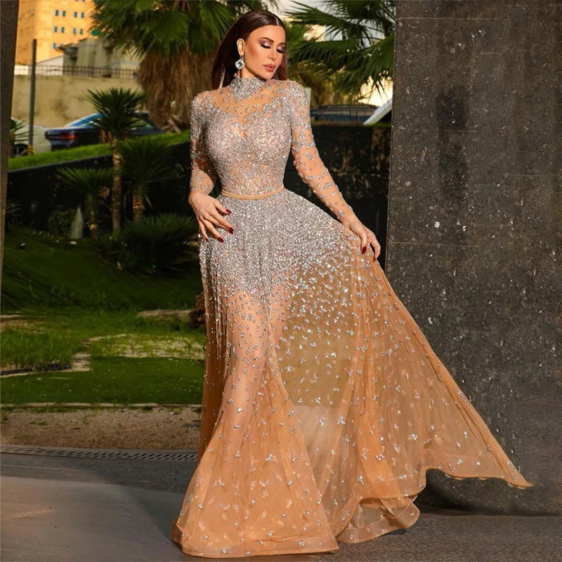 

2021 Autumn Women's Evening Dress Sexy Bronzing Long-sleeved Prom Dress Dress New Wedding Champagne Gold Dress S-xxl