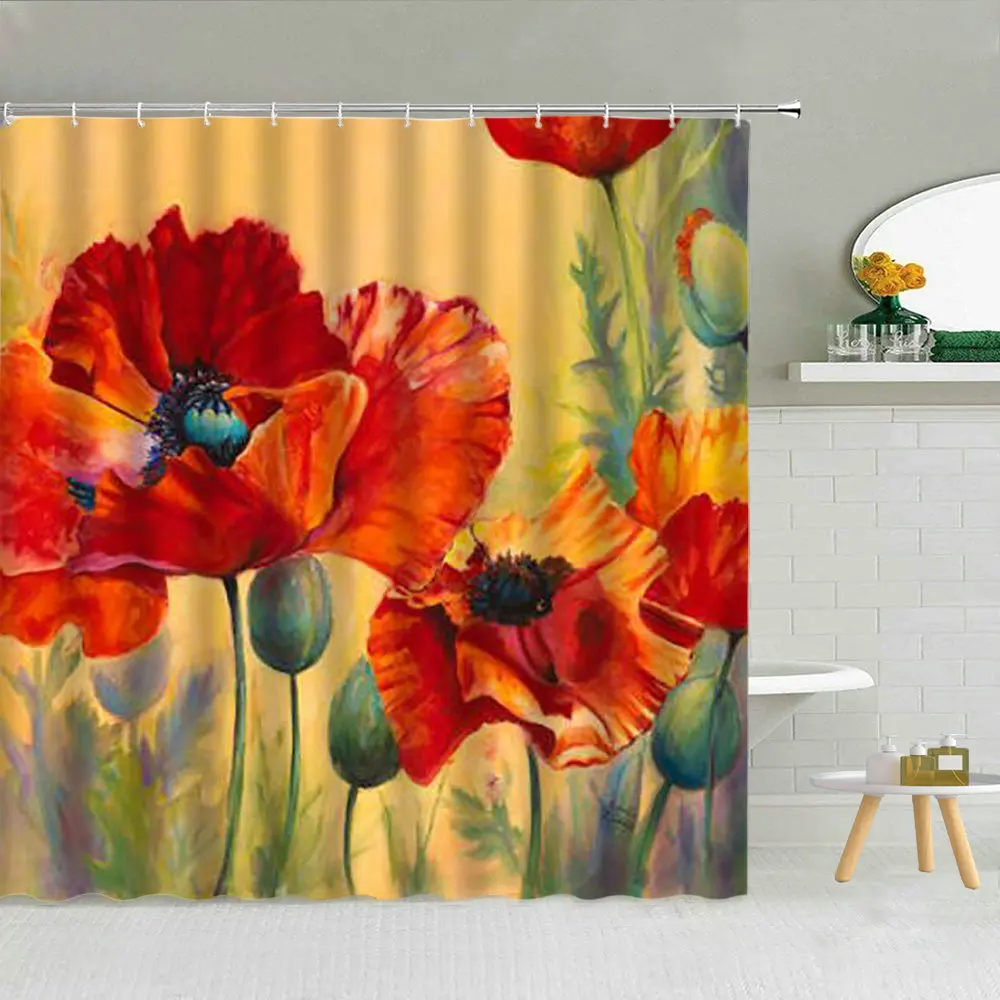 Занавеска для душа с красным маком картина маслом растения зеленые листья Ретро