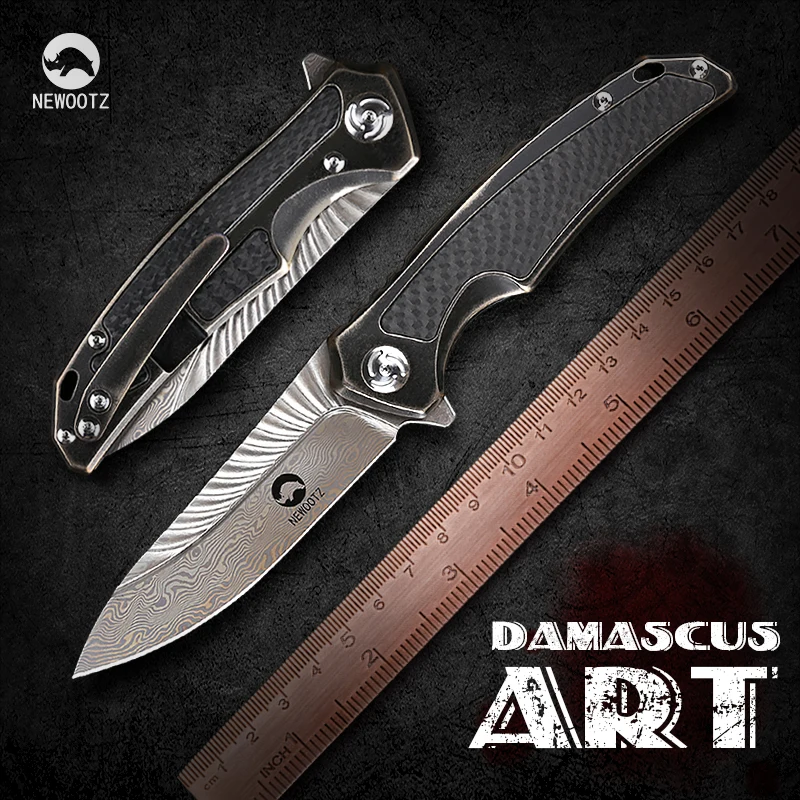 Дамасский складной карманный нож рукоятка из титана и углеволокна с зажимом для