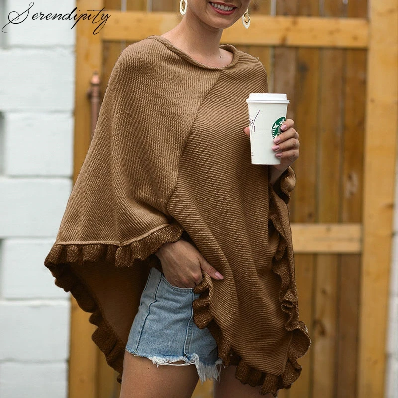 SRDP 2019 осенне-зимнее женское вязаное пальто-накидка модный свитер с оборками и