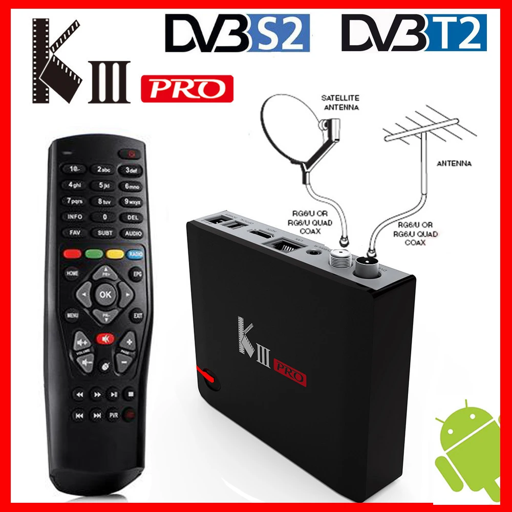 KIII PRO DVB-T2 DVB-S2 DVB-C Android 7,1 ТВ коробка 3 Гб оперативной памяти, 16 Гб встроенной памяти, процессор Amlogic S912 Octa Core 4K с Wi-Fi комбо NEWCAMD PowerVU