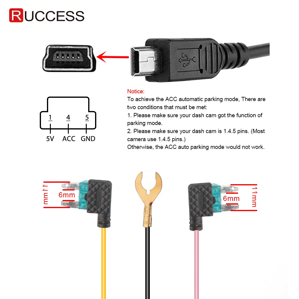 RUCCESS комплект с жестким проводом Mini USB 12 В 24 В до 5 В 2.5A Автомобильный USB кабель с автоматической зарядкой для автомобильного видеорегистратора видеорегистратор gps автомобильный адаптер