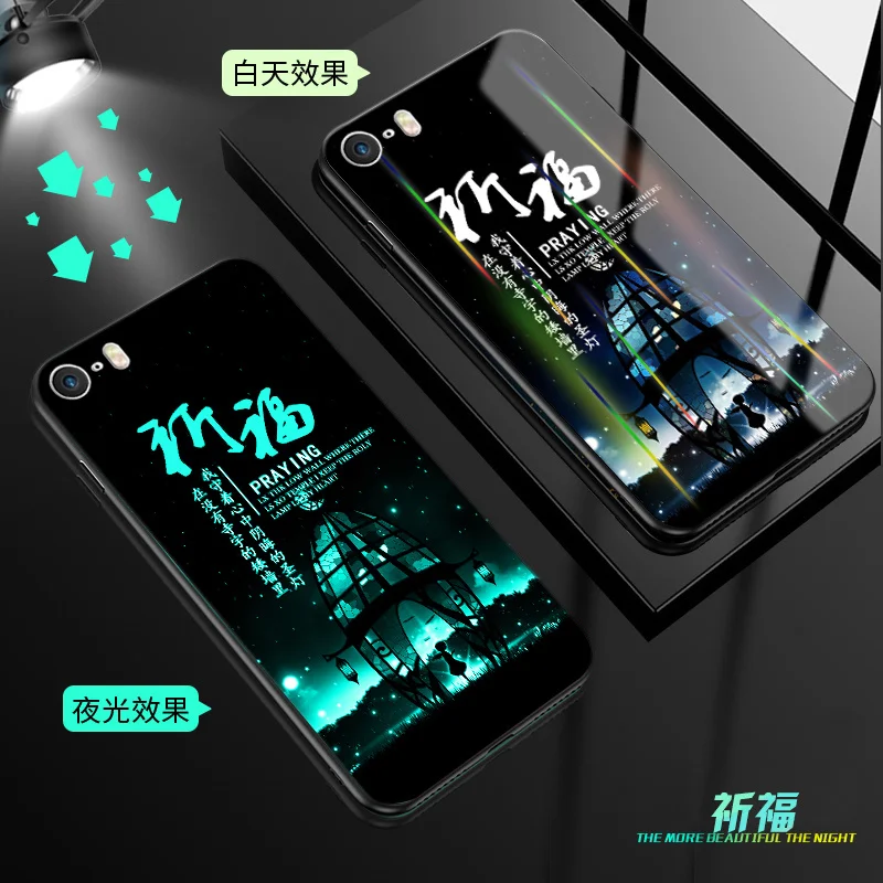 Светящийся чехол для iPhone 5 5S SE 6 6S 7 8 Plus X XR XS Max 11 Pro Max чехол, светящаяся задняя крышка из закаленного стекла, силиконовый чехол