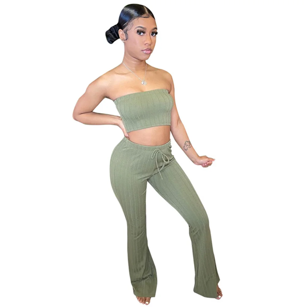 

RStylish Sexy Solid Color Strapless Crop Top Flared Pants Casual Street Wear Summer 2021 Women Two Piece Set