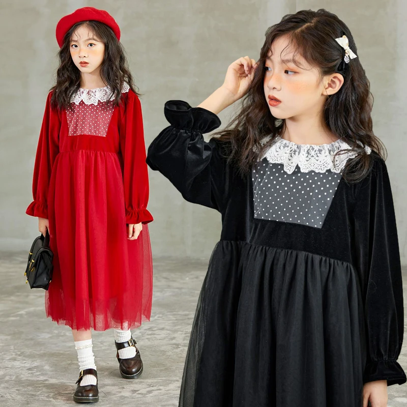 

Velvet Teens Girls Dress 2021 Winter Spring Flare Sleeve Children Princess Dress Baby Clothing Autumn Ruffled Collar Red Black