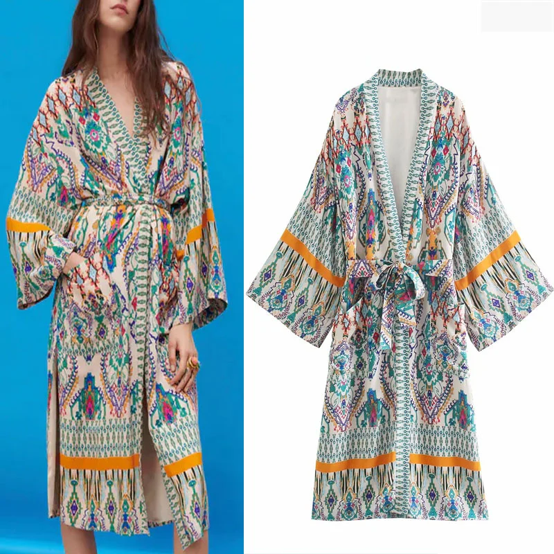 

Женская Длинная блузка с принтом Za, модные топы с длинным рукавом и открытым спереди, шикарные пляжные блузки с карманами, завязками на пояс...