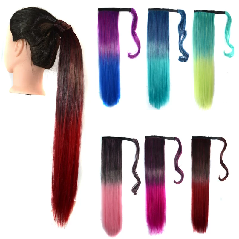 

jeedou Ponytail Hair Extension Ombre Color Wrap Around Ponytails Straight 22" 55cm Synthetic Black Green Pink Red Purple