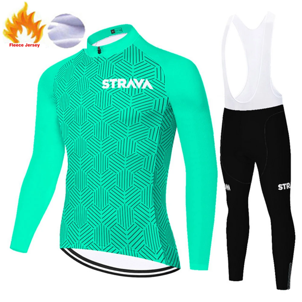 

Winter Thermal Fleece Set Cycling Clothes Men's Jersey Suit Sport Riding Bike MTB Clothing Bib Pants Warm Sets Ropa STRAVA
