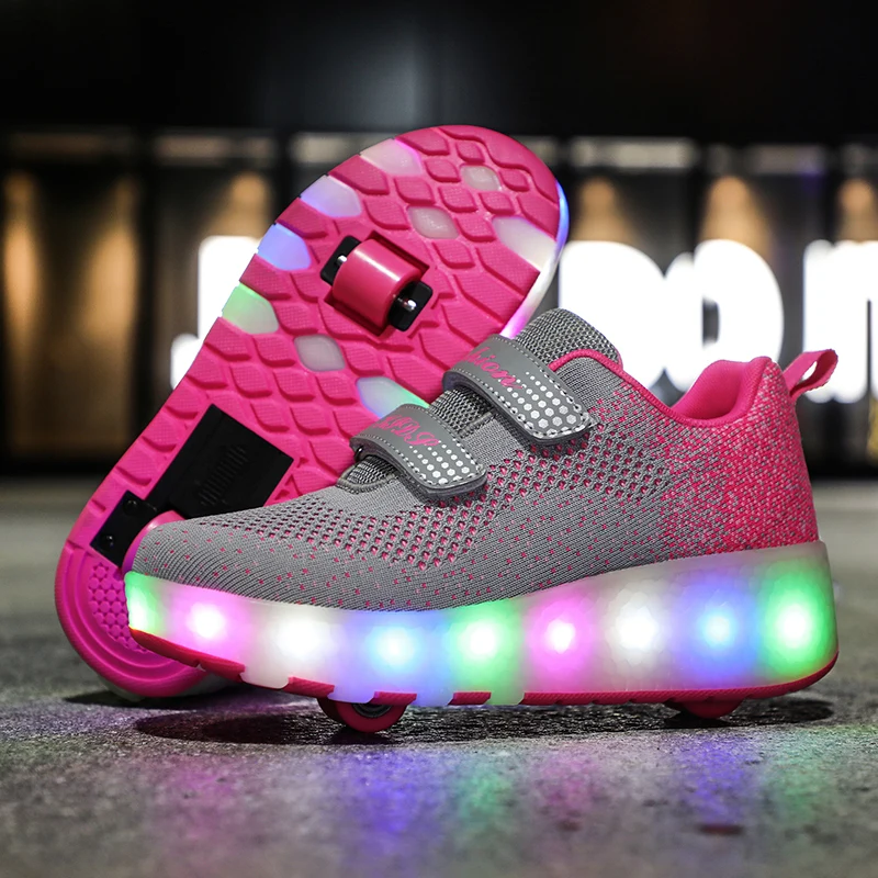 

Children Two Wheels Luminous Glowing Sneakers Black Red Pink Led Light Roller Skate Shoes Kids Led Shoes Boys Girls USB Charging