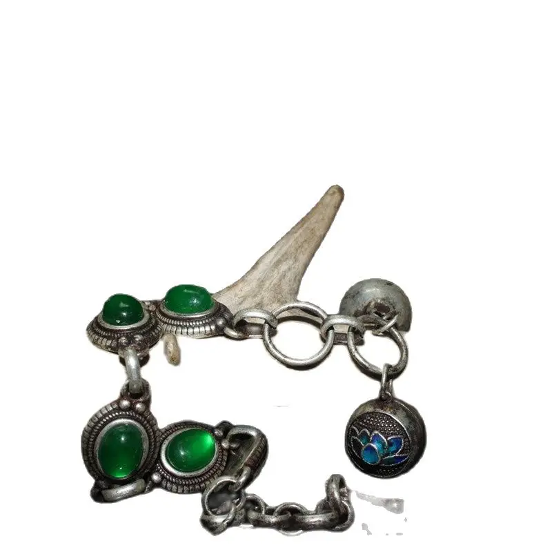 

Chinese Old Craft Old Tibetan Silver Inlaid Green Jade Inlaid Tibetan Silver With Bell Bracelett