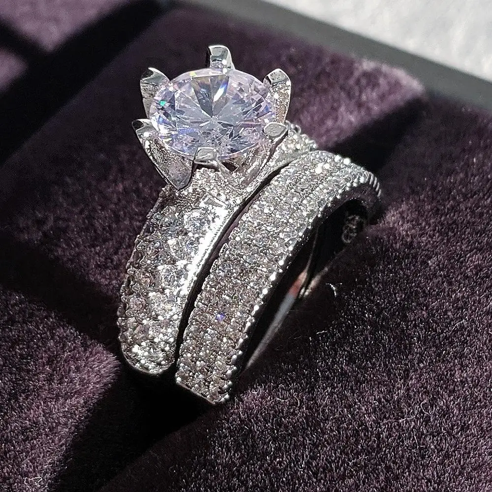 

2021 new luxury halo 925 sterling silver wedding ring set for women lady anniversary gift jewelry wholesale Black Friday R5143