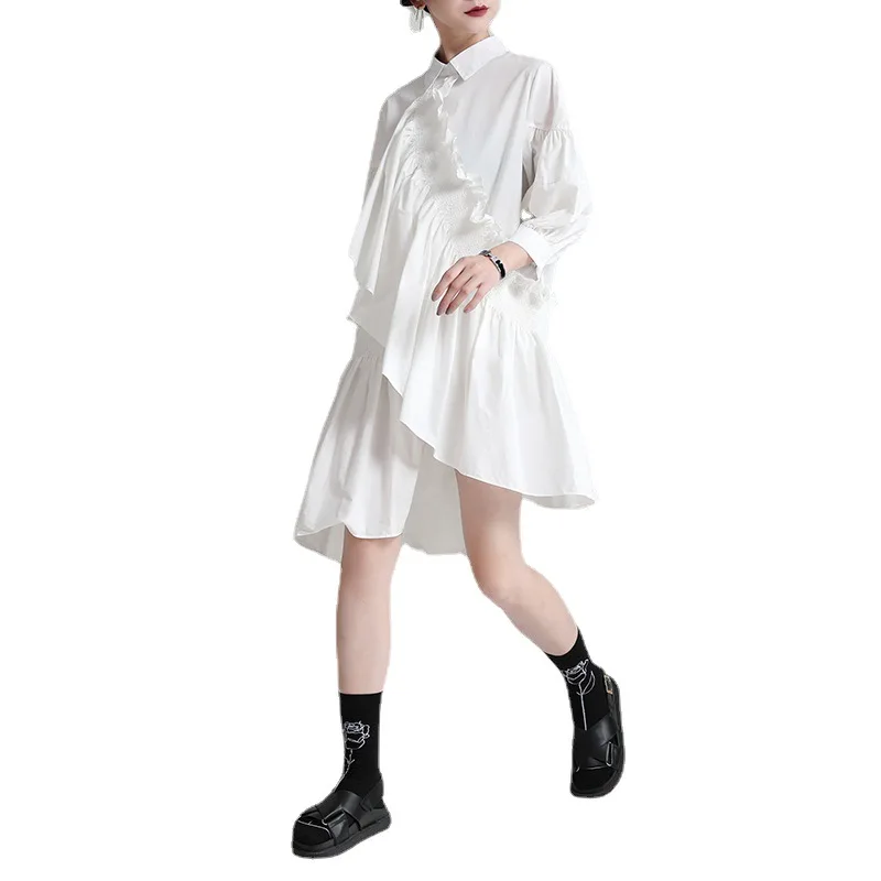 

2021 Summer Fashion New Solid Color Irregular Folds Ruffled Lantern Sleeve Loose Women Shirt Dress Female Dresses