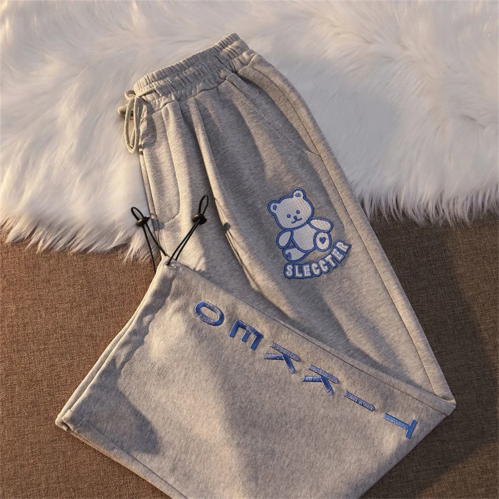 

Winter Kawaii Embroidery Loog Female Pants Autumn Cargo Trousers Streetwear Cute Loose Harajuku Cute Bear Casual Women Pants