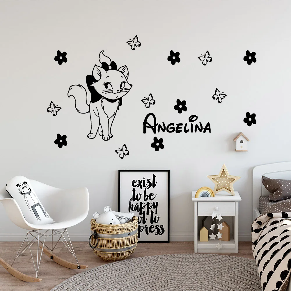 Cute Cat Custom Name Vinyl Wall Stickers For Kids Room bedroom Home Decorative Decor Self-adhesive wallpaper Stickers muraux