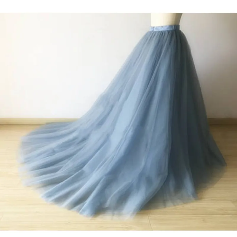 

FAKUNTN Real Picture Skirt Women Dusty Blue Skirts Satin Band Waist Zip Mesh Saias Faldas Tulle Skirt Tutu Full Length Maxi
