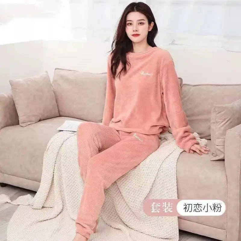 

Winter Coral Fleece Pijama Long Sleeve Round Neck Pyjamas Sexy Pjs Home Clothes 2-piece Set Plus Size Lingere Women's Pajamas