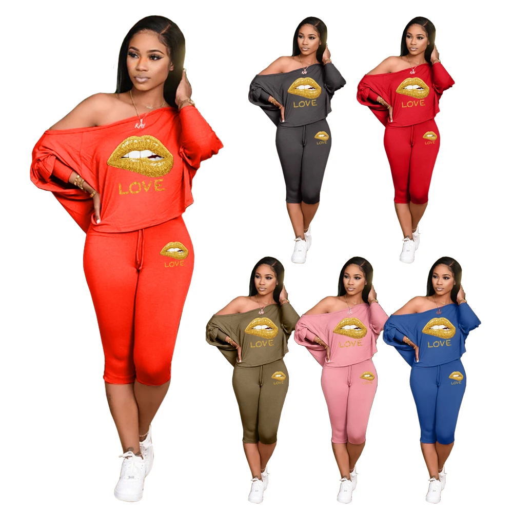 

Shorts Set Women Skew Collar Lips Print Off Shoulder T Shirt Top Skinny Shorts Two Piece Set Loose Fashion Casual Summer Clothes