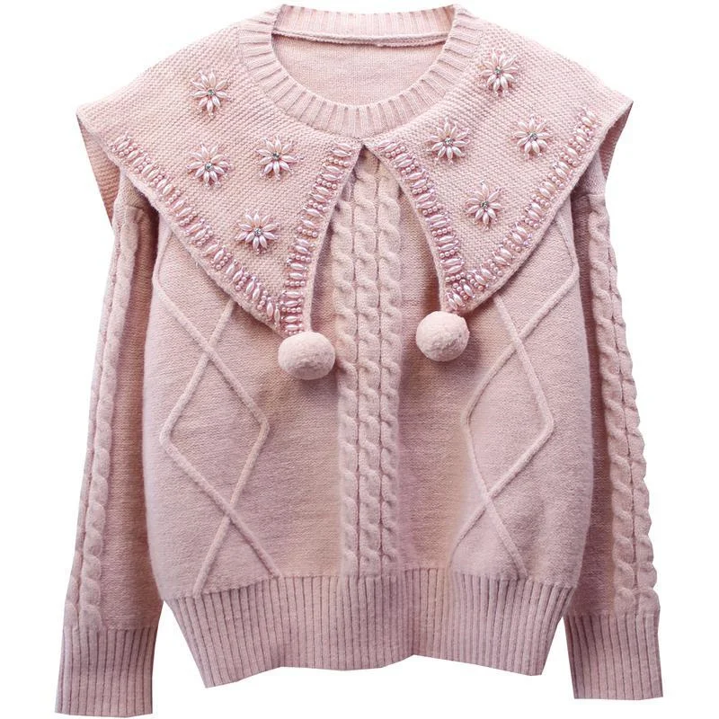 

Winter women's elegant solid color large size long-sleeved lapel sweater pullover women's beaded casual tops ladies