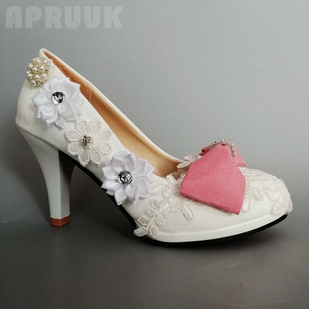 

Свадебные кружевные туфли-лодочки на высоком каблуке 9 см с бантом; цвет белый, зеленый; женская обувь; большие размеры 41, 42; женские вечерние ...
