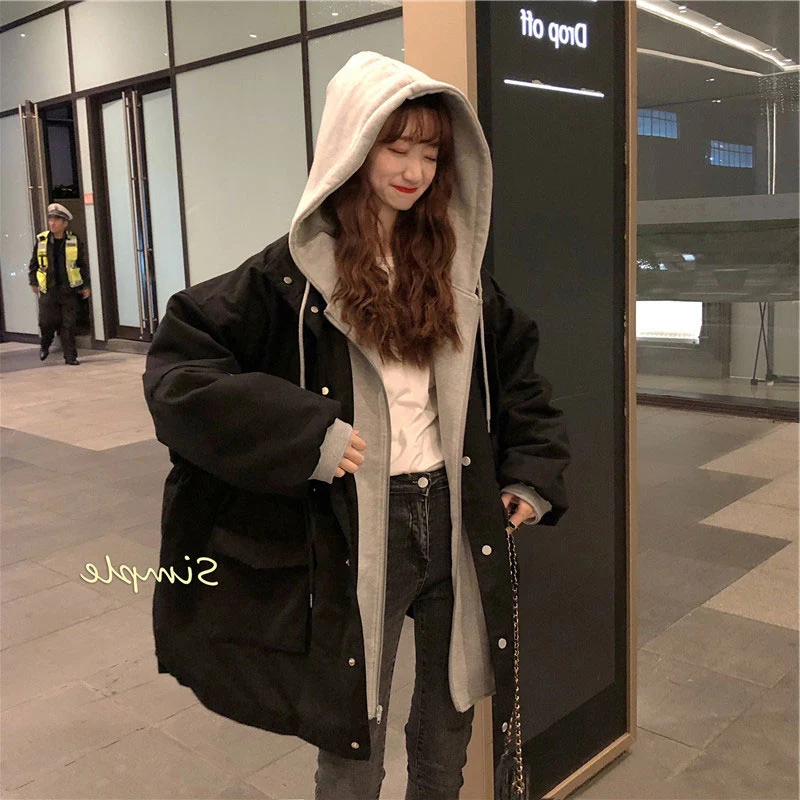 

2020 Winter Korean Style Fake 2 pieces Padded Clothes Mid-length Loose Down Coat Padded Cotton Overcoat Winter Women FC286