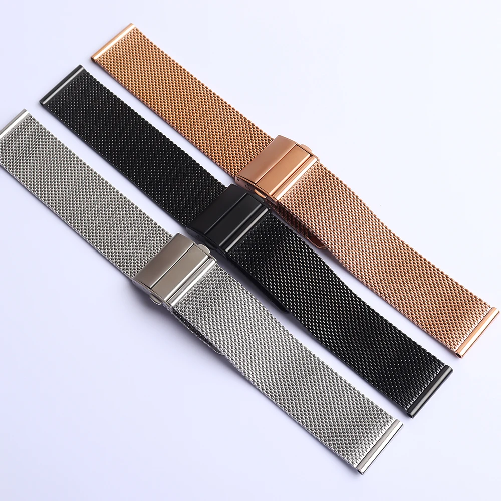 Mesh Milanese Loop Watchbands 16mm 18mm 20mm 22mm Silver Black Bracelet Wrist Watch Band Strap Deployment clasp