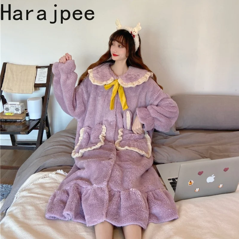 

Ночная рубашка Harajpee Sweet Женская, осенне-зимняя, в стиле принцессы, длинная плюшевая ночная рубашка, утепленная Домашняя одежда с длинным рук...