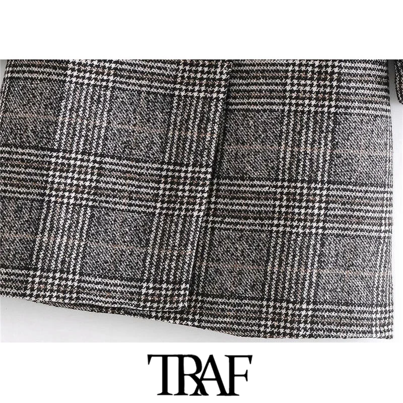 

TRAF Women Fashion Double Breasted Houndstooth Woolen Coat Vintage Long Sleeve Back Vent Female Outerwear Chic Overcoat