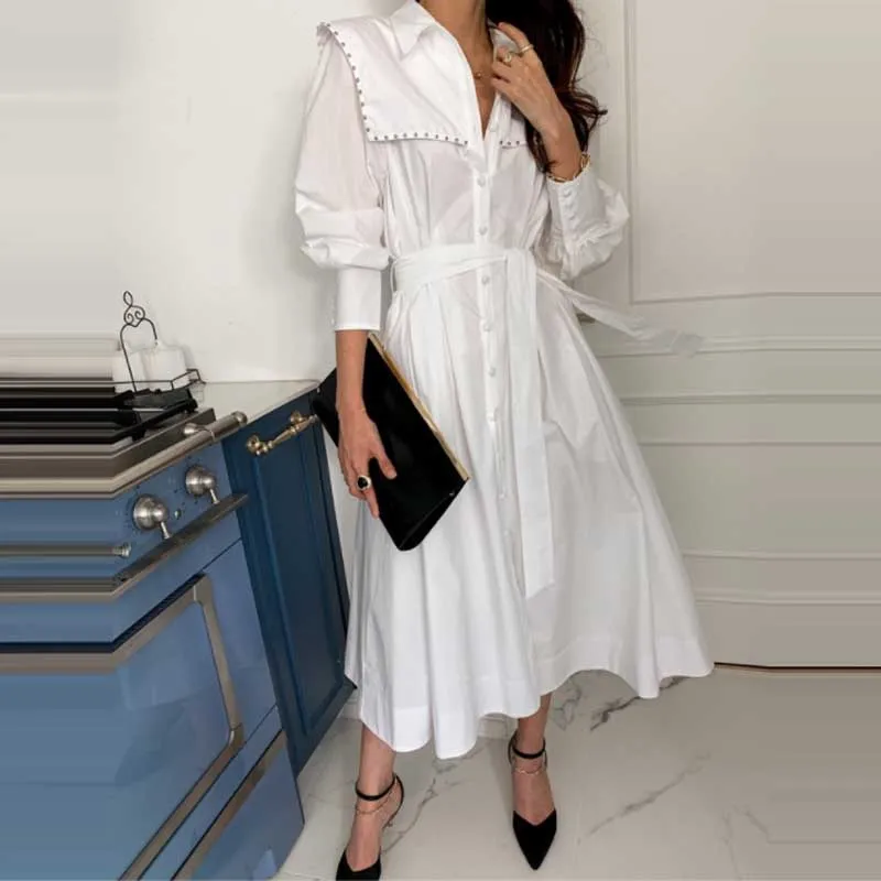 Vestido blanco de una pieza para mujer, moda coreana, camisa de manga larga con una hilera de botones, primavera y otoño, 2021