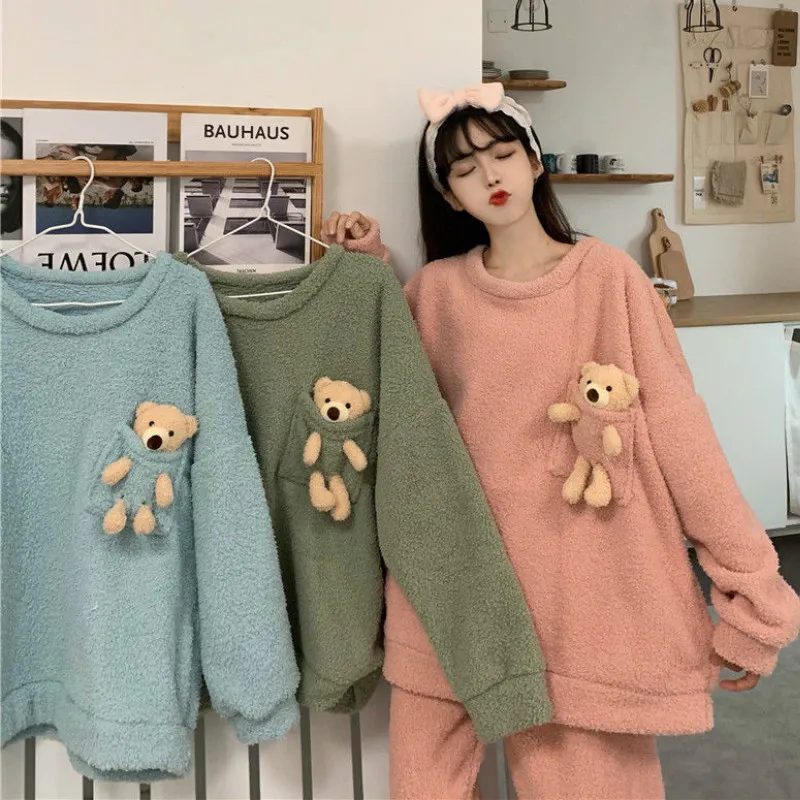 Women Pajamas Autumn and Winter Sleepwear Cartoon Sweet and Cute Thickening Plus Velvet Warm Home Wear Clothes Fashion Pyjamas