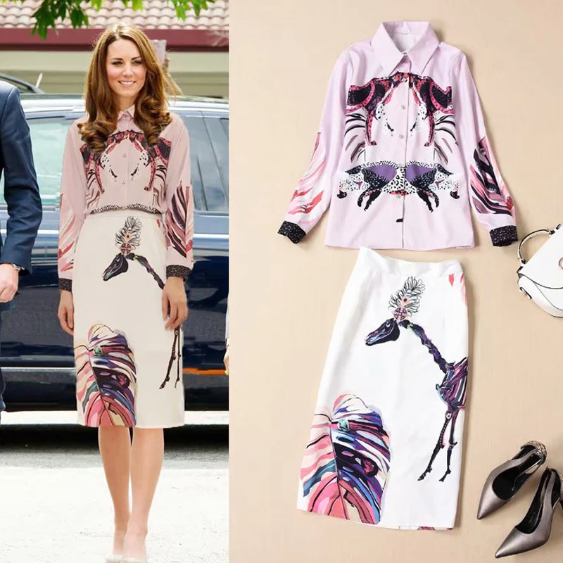 Kate Middleton, модные, высокое качество, Осенние, новые, вечерние, офисные, с животным принтом, рубашка, топ, сексуальный, половина юбки, винтажные, элегантные, женские наборы