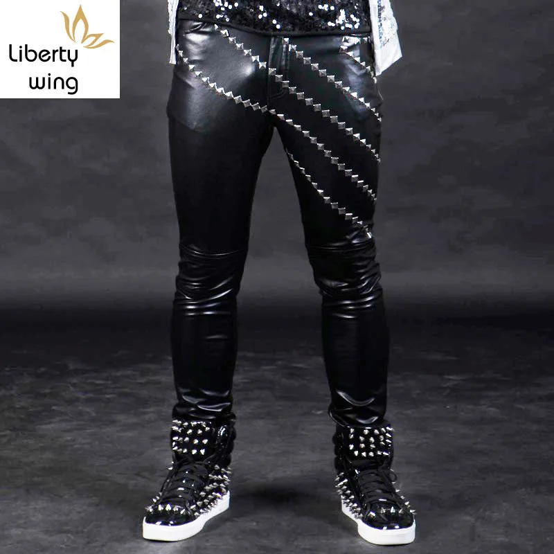 New Arrival Skinny Fashion PU Leather Rivet Pencil Punk Rock Male Pants Casual Motorcycle Man Trousers
