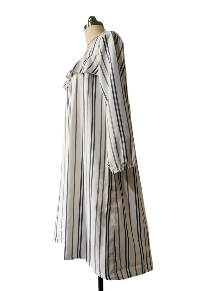 

2021 Middle East Muslim Striped Print Round Neck Irregular Hem Midi Dress