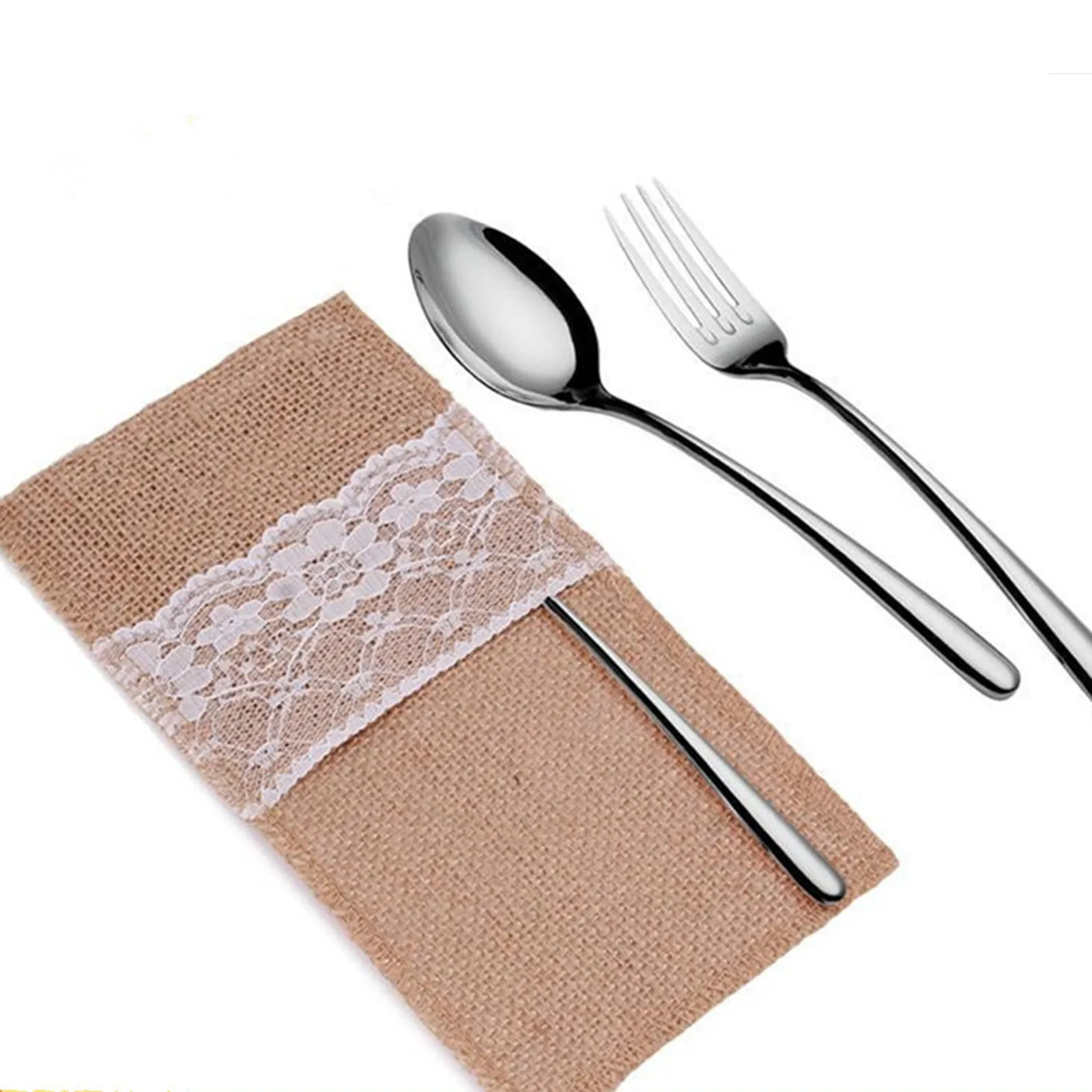 

Handmade Jute Lace Party Wedding Cutlery Bag Tableware Holder Pocket 60 PCS Portable Tableware Bag Kitchen Accessories