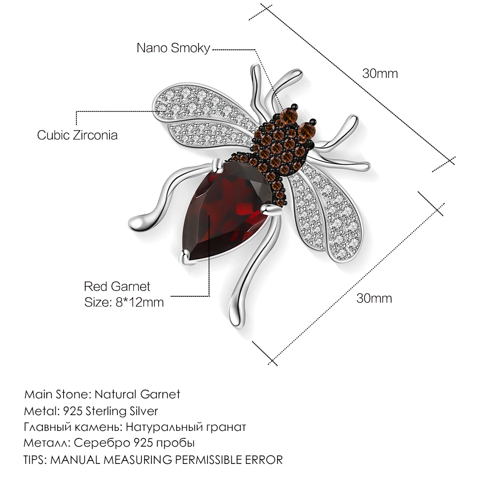 GEM'S BALLET 925 Sterling Sliver Cute Bee Brooches 3.1Ct Natural Red Garnet Gemstone Pin Brooch Jewelry For Women | Украшения и