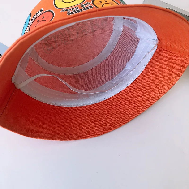 

2021 New Children Hat Cartoon Smile Expression Fisherman Hat Boys and Girls Fashion Flat Top Basin Hat Toddler Kids Sunshade Hat