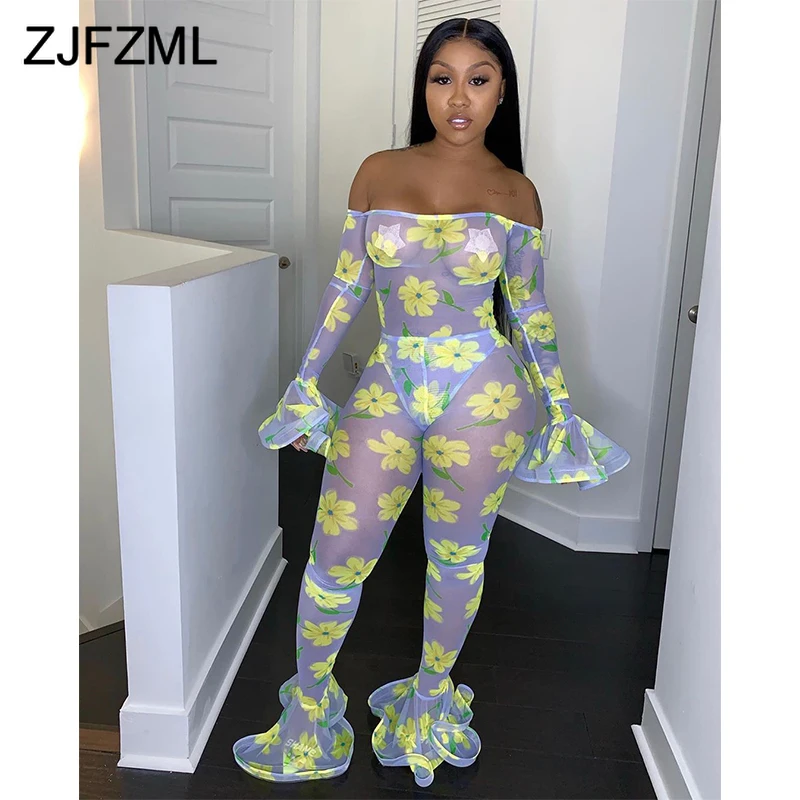 Женский прозрачный комбинезон с цветочным принтом Облегающий вырезом лодочкой и