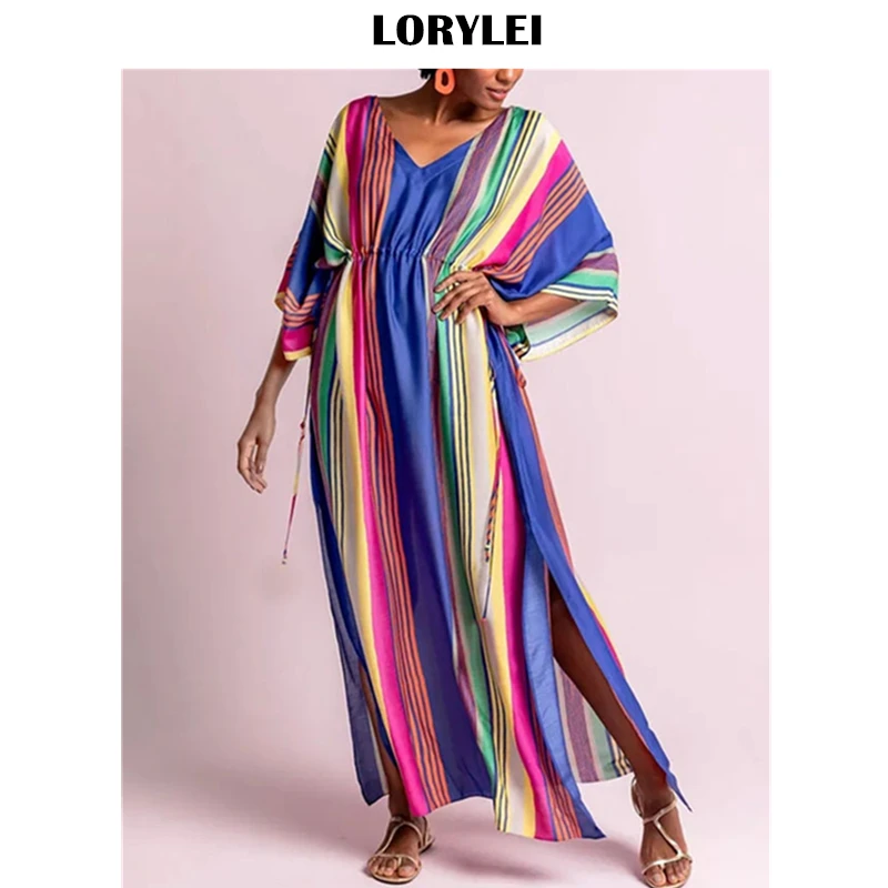 2021 в богемном стиле разноцветные полоску с v-образным вырезом высокой талией