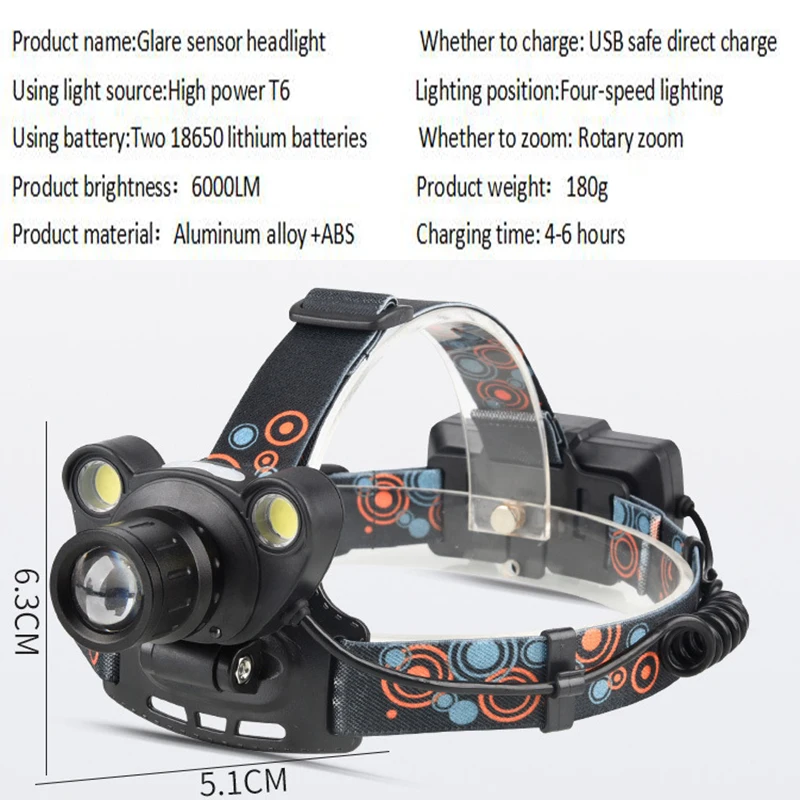 

Litwod Z401373 6000lm LED headlamp XM-L T6 & 2*COB Intelligent induction strong head flashlight lamp light night fishing lights