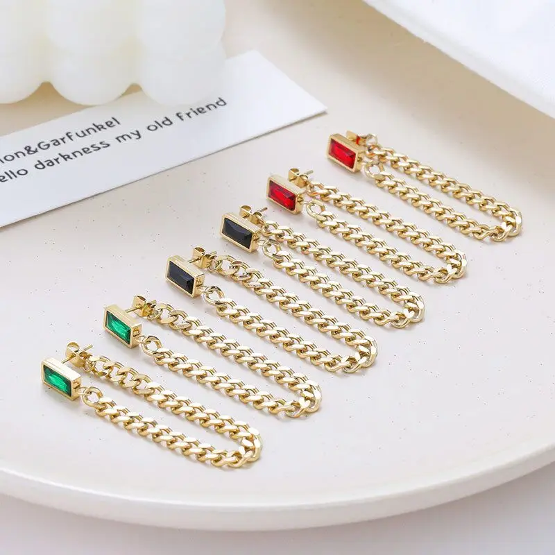 

New Crystal Curb Chain Earrings with Stone Punk Titanium Steel Jewelry Hypoallergenic Dangling Drop Link Retro Ear Accessories