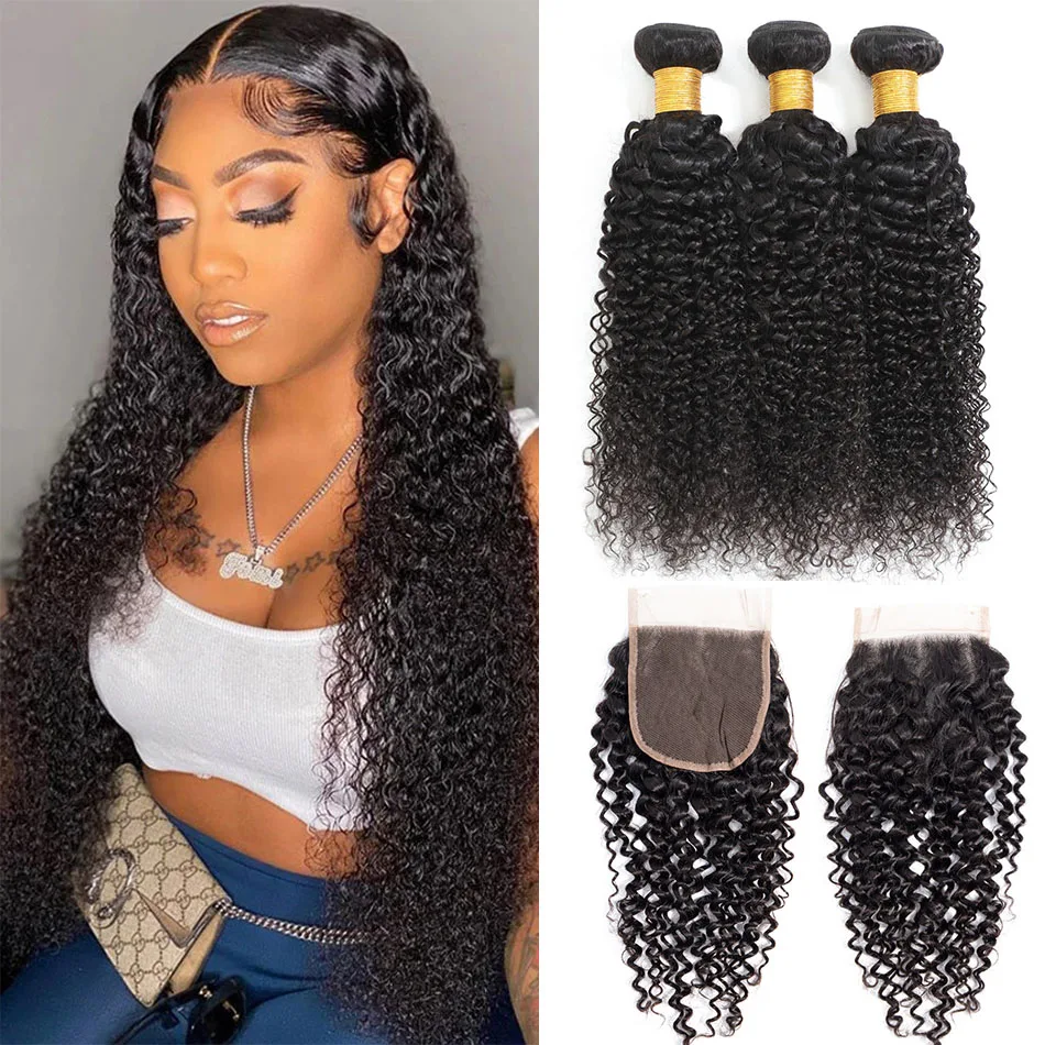 

30 inch Brazilian Kinky Curly Bundles With Closure 3 Bundles Human Hair With Closure Remy Hair Weave Bundles With Closure