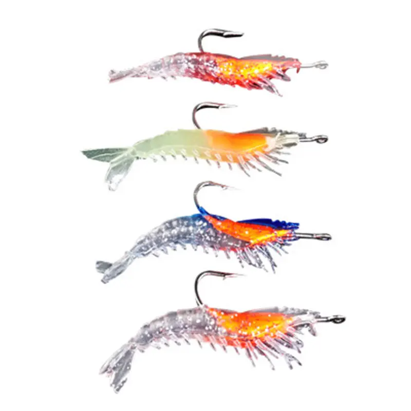 

4pcs Luminous Shrimp Fake Baits Soft Simulation Prawn Lure Fishy Smell Artificial Trout Bait Single Hook Sea Fishing Tackle