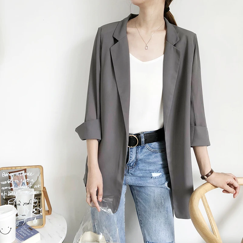 

Summer Casual Chffion Blazer Women Thin Sexy SunBlock Blazer Jacket Solid Color Three Quarter Sleeve Blazer Office Lady Cardigan