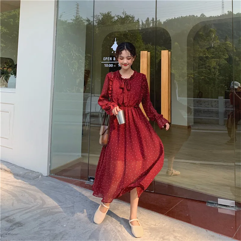 Винтажные вечерние платья в горошек женское повседневное весеннее шифоновое