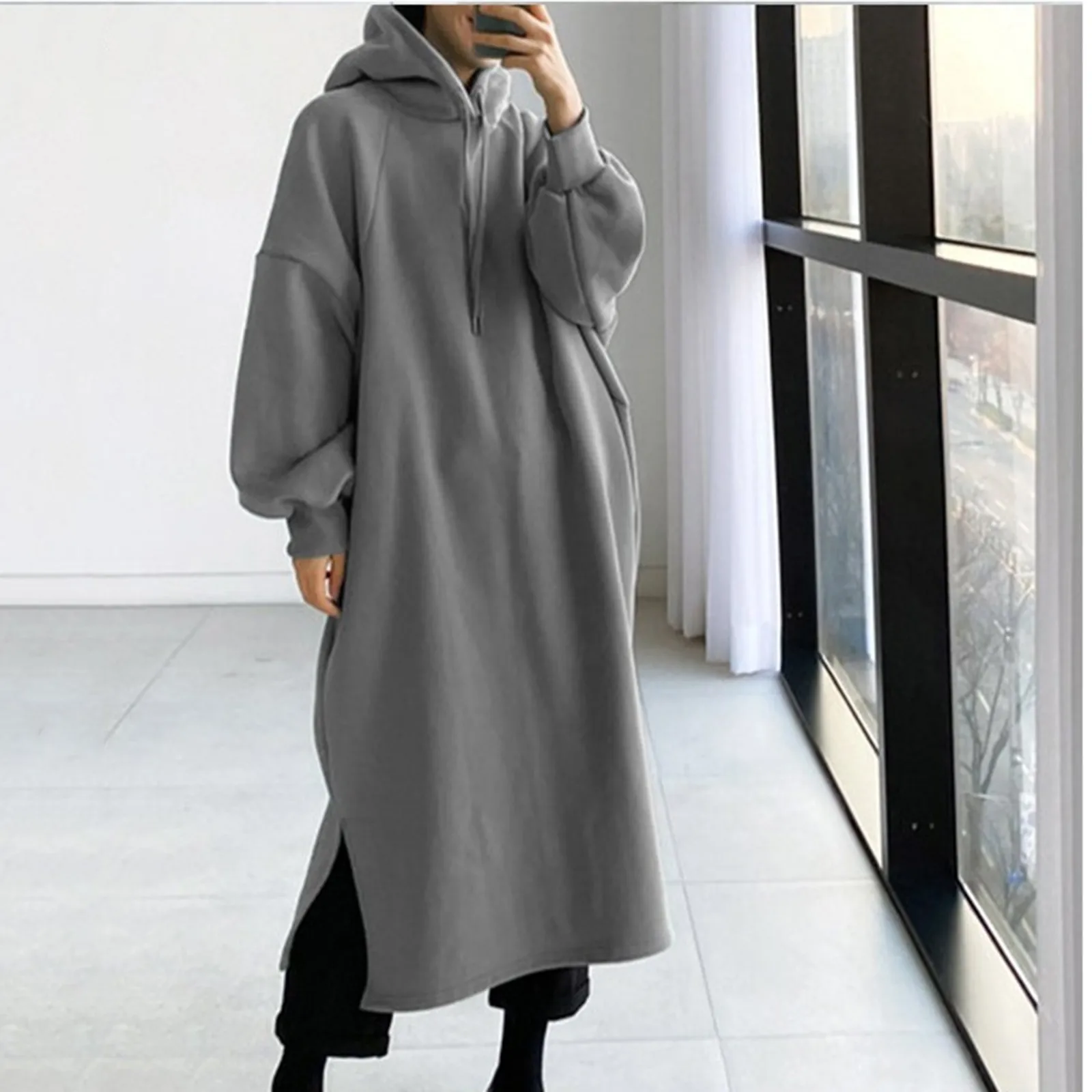 2022 Stylish Hooded Hoodies Dress Casual Long Sleeve Maxi Vestidos Female Drawstring Robe Femme Robe Winter Warm Pullovers