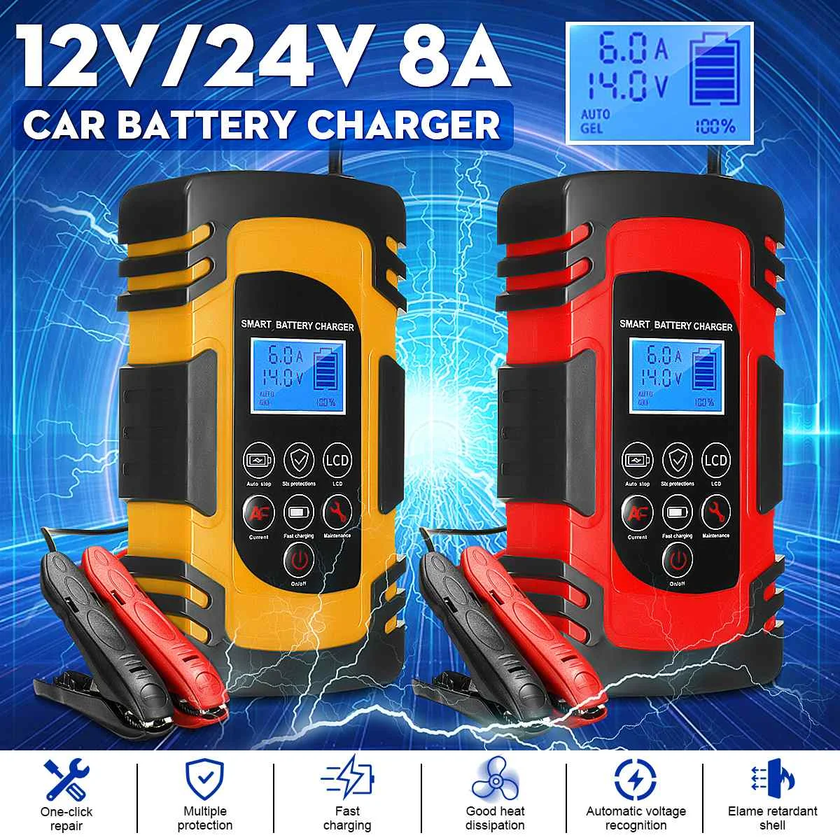 12V-24V 8A  Full Automatic Car Battery Charger Touchable Pulse Repair LCD Battery Charger Wet Dry Car Motorcycle Lead Acid Batt