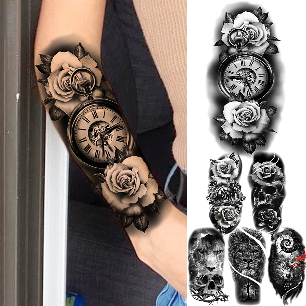 

Реалистичные Временные татуировки для женщин, большая роза, цветок, компас, череп для взрослых, Лев, волк, искусственная татуировка, боди-арт...