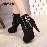 fashion womens high heels casual platform lace up ladies short boots popular classic buckle outdoor elegant all match shoes